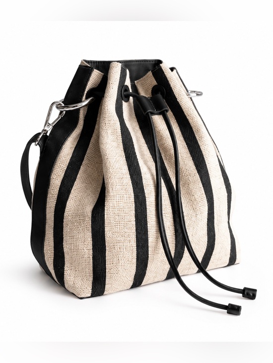 & Other Stories Handbags - & Other Stories Black and Cream Jute Striped Drawstring Shoulder Bag